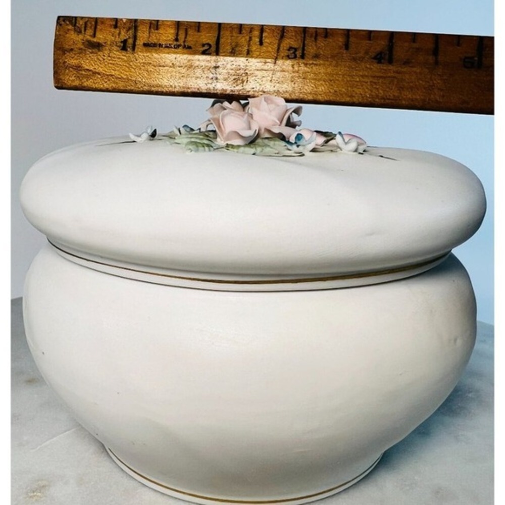 Vtg Lefton Capodimonte Trinket Box Lidded Jar China Jewelry Box Floral Details - Picture 7 of 7